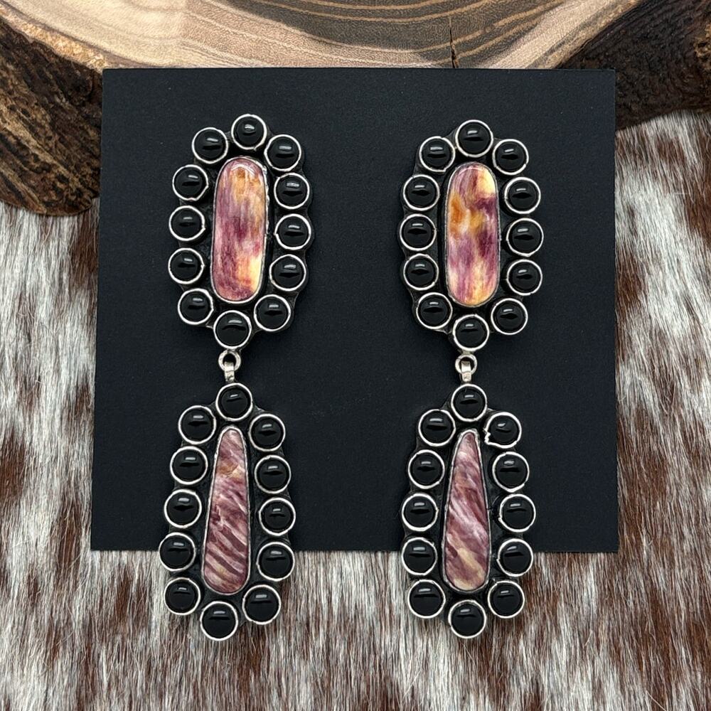 FEDERICO JIMENEZ Sterling Purple Spiny Oyster & Onyx Cluster Dangle Earrings